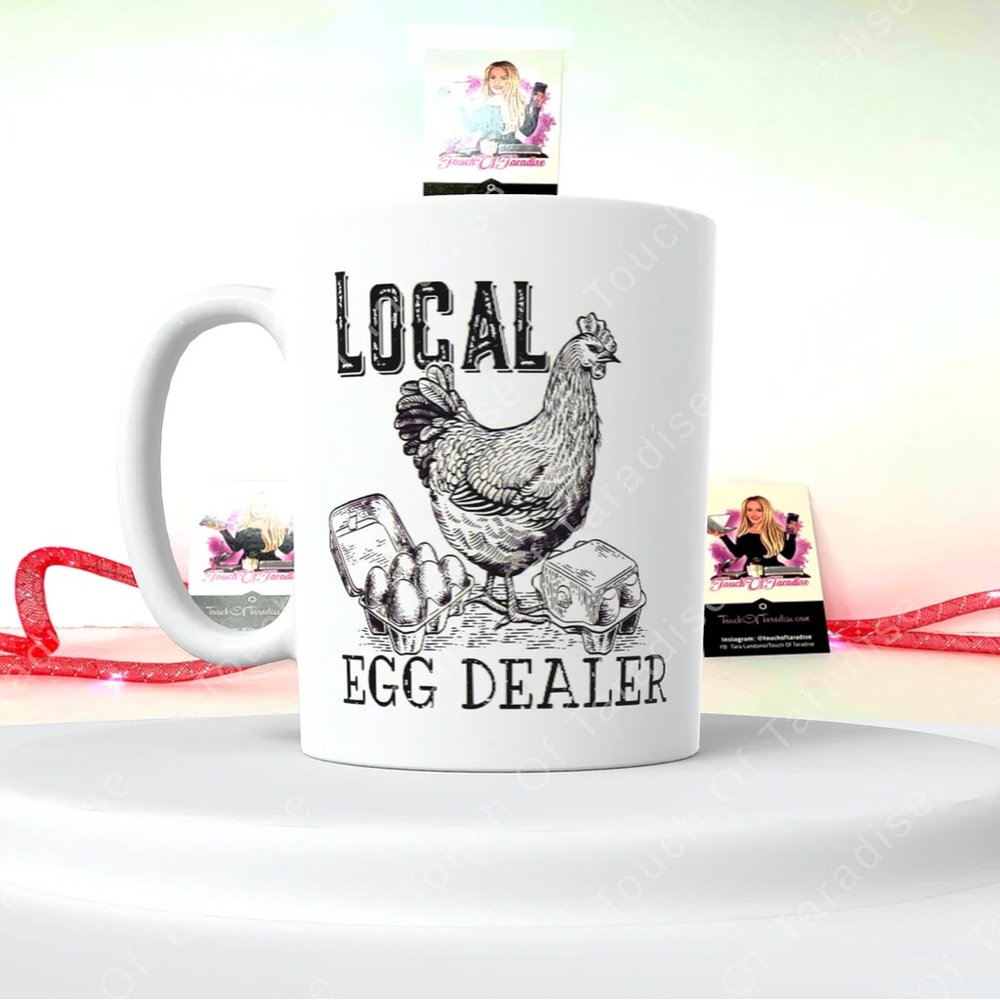White Ceramic Mug with Bold Local Egg Dealer Design